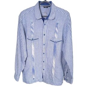 Bohio Blue Striped Linen Blend Nautical Beachy Button Up Shirt Size Large